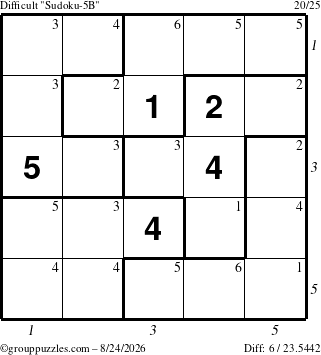 The grouppuzzles.com Difficult Sudoku-5B puzzle for Monday August 24, 2026, suitable for printing, with all 6 steps marked