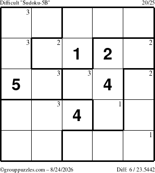 The grouppuzzles.com Difficult Sudoku-5B puzzle for Monday August 24, 2026 with the first 3 steps marked