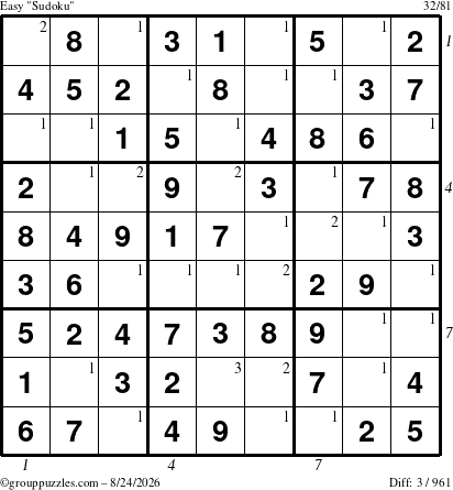 The grouppuzzles.com Easy Sudoku puzzle for Monday August 24, 2026, suitable for printing, with all 3 steps marked