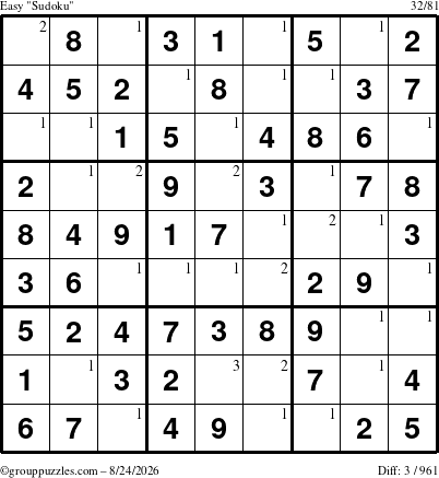 The grouppuzzles.com Easy Sudoku puzzle for Monday August 24, 2026 with the first 3 steps marked