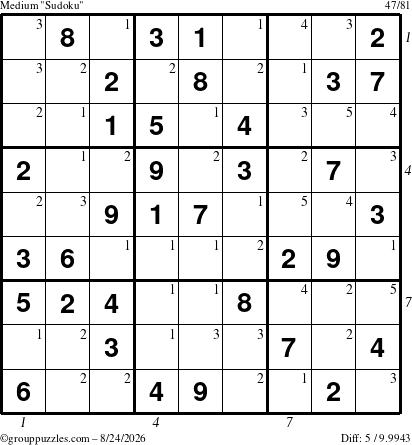 The grouppuzzles.com Medium Sudoku puzzle for Monday August 24, 2026, suitable for printing, with all 5 steps marked