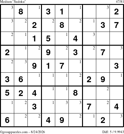 The grouppuzzles.com Medium Sudoku puzzle for Monday August 24, 2026 with the first 3 steps marked