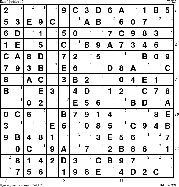 The grouppuzzles.com Easy Sudoku-15 puzzle for Monday August 24, 2026, suitable for printing, with all 3 steps marked