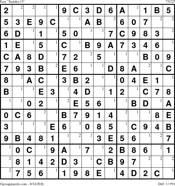 The grouppuzzles.com Easy Sudoku-15 puzzle for Monday August 24, 2026 with the first 3 steps marked