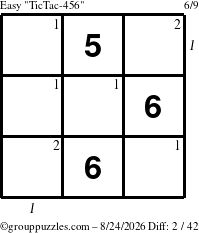 The grouppuzzles.com Easy TicTac-456 puzzle for Monday August 24, 2026, suitable for printing, with all 2 steps marked