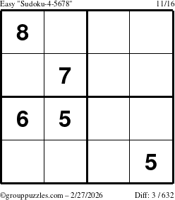 The grouppuzzles.com Easy Sudoku-4-5678 puzzle for Friday February 27, 2026