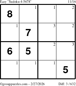 The grouppuzzles.com Easy Sudoku-4-5678 puzzle for Friday February 27, 2026 with the first 3 steps marked