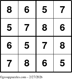 The grouppuzzles.com Answer grid for the Sudoku-4-5678 puzzle for Friday February 27, 2026