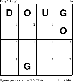 The grouppuzzles.com Easy Doug puzzle for Friday February 27, 2026 with the first 3 steps marked