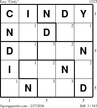 The grouppuzzles.com Easy Cindy puzzle for Friday February 27, 2026 with all 3 steps marked