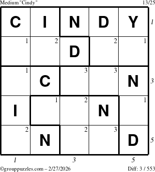 The grouppuzzles.com Medium Cindy puzzle for Friday February 27, 2026 with all 3 steps marked
