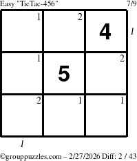 The grouppuzzles.com Easy TicTac-456 puzzle for Friday February 27, 2026, suitable for printing, with all 2 steps marked