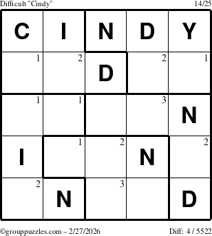 The grouppuzzles.com Difficult Cindy puzzle for Friday February 27, 2026 with the first 3 steps marked