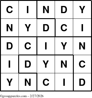 The grouppuzzles.com Answer grid for the Cindy puzzle for Friday February 27, 2026