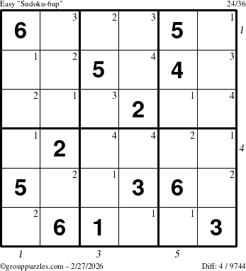 The grouppuzzles.com Easy Sudoku-6up puzzle for Friday February 27, 2026, suitable for printing, with all 4 steps marked