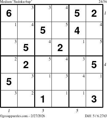 The grouppuzzles.com Medium Sudoku-6up puzzle for Friday February 27, 2026 with all 5 steps marked