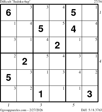 The grouppuzzles.com Difficult Sudoku-6up puzzle for Friday February 27, 2026 with all 5 steps marked
