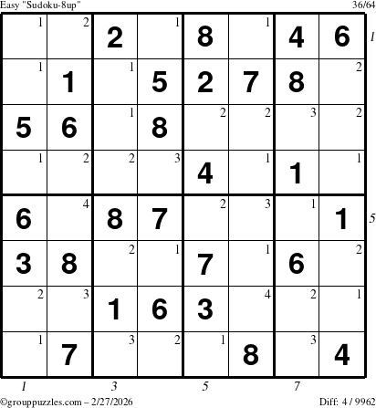 The grouppuzzles.com Easy Sudoku-8up puzzle for Friday February 27, 2026 with all 4 steps marked