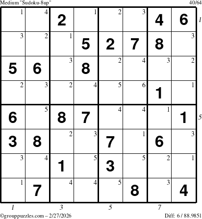 The grouppuzzles.com Medium Sudoku-8up puzzle for Friday February 27, 2026 with all 6 steps marked