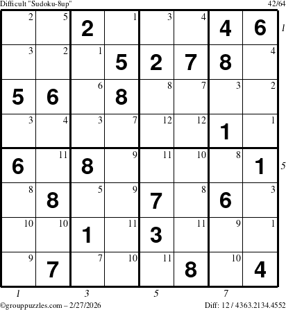 The grouppuzzles.com Difficult Sudoku-8up puzzle for Friday February 27, 2026, suitable for printing, with all 12 steps marked
