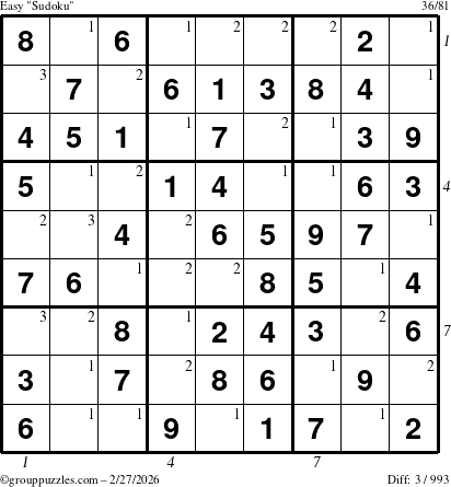 The grouppuzzles.com Easy Sudoku puzzle for Friday February 27, 2026 with all 3 steps marked