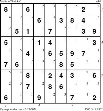 The grouppuzzles.com Medium Sudoku puzzle for Friday February 27, 2026, suitable for printing, with all 5 steps marked