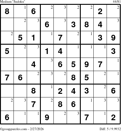 The grouppuzzles.com Medium Sudoku puzzle for Friday February 27, 2026 with the first 3 steps marked