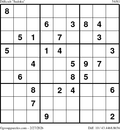 The grouppuzzles.com Difficult Sudoku puzzle for Friday February 27, 2026