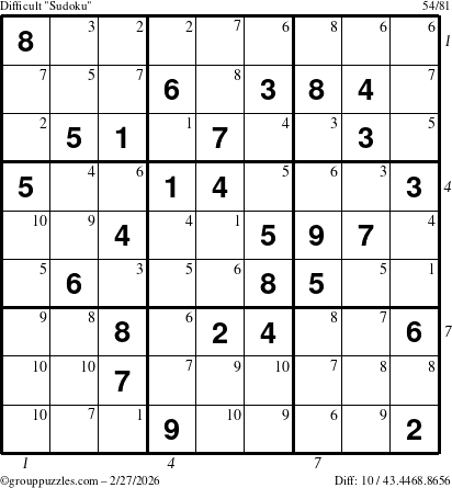 The grouppuzzles.com Difficult Sudoku puzzle for Friday February 27, 2026, suitable for printing, with all 10 steps marked