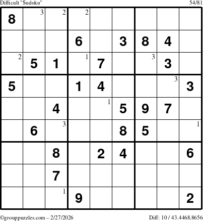 The grouppuzzles.com Difficult Sudoku puzzle for Friday February 27, 2026 with the first 3 steps marked