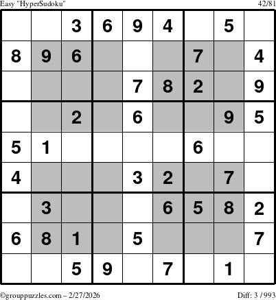 The grouppuzzles.com Easy HyperSudoku puzzle for Friday February 27, 2026