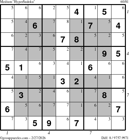 The grouppuzzles.com Medium HyperSudoku puzzle for Friday February 27, 2026 with all 8 steps marked