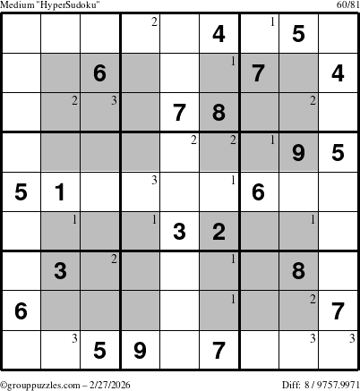 The grouppuzzles.com Medium HyperSudoku puzzle for Friday February 27, 2026 with the first 3 steps marked