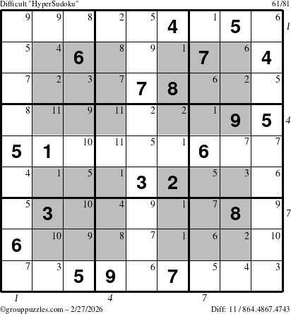 The grouppuzzles.com Difficult HyperSudoku puzzle for Friday February 27, 2026 with all 11 steps marked