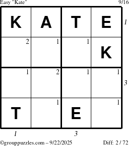 The grouppuzzles.com Easy Kate puzzle for Monday September 22, 2025 with all 2 steps marked