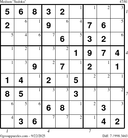 The grouppuzzles.com Medium Sudoku puzzle for Monday September 22, 2025 with all 7 steps marked