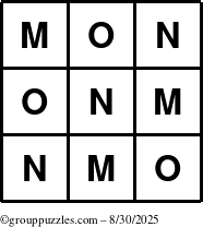 The grouppuzzles.com Answer grid for the TicTac-MNO puzzle for Saturday August 30, 2025