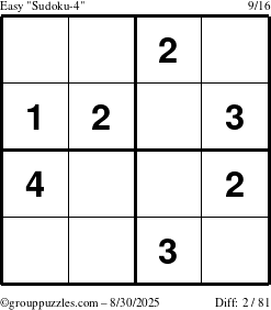 The grouppuzzles.com Easy Sudoku-4 puzzle for Saturday August 30, 2025