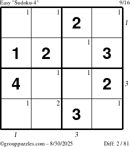 The grouppuzzles.com Easy Sudoku-4 puzzle for Saturday August 30, 2025, suitable for printing, with all 2 steps marked
