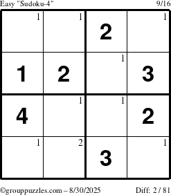 The grouppuzzles.com Easy Sudoku-4 puzzle for Saturday August 30, 2025 with the first 2 steps marked