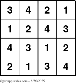The grouppuzzles.com Answer grid for the Sudoku-4 puzzle for Saturday August 30, 2025