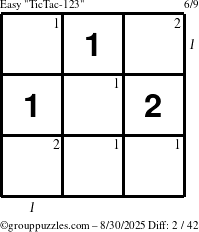 The grouppuzzles.com Easy TicTac-123 puzzle for Saturday August 30, 2025 with all 2 steps marked
