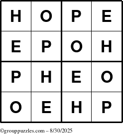 The grouppuzzles.com Answer grid for the Hope puzzle for Saturday August 30, 2025