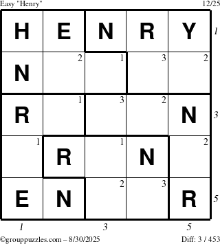 The grouppuzzles.com Easy Henry puzzle for Saturday August 30, 2025 with all 3 steps marked