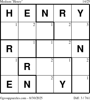 The grouppuzzles.com Medium Henry puzzle for Saturday August 30, 2025 with the first 3 steps marked