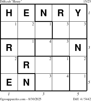 The grouppuzzles.com Difficult Henry puzzle for Saturday August 30, 2025, suitable for printing, with all 4 steps marked