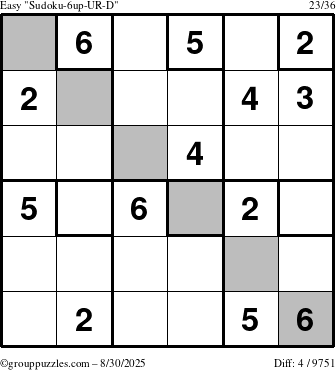 The grouppuzzles.com Easy Sudoku-6up-UR-D puzzle for Saturday August 30, 2025