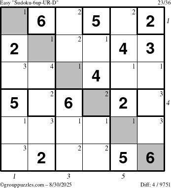 The grouppuzzles.com Easy Sudoku-6up-UR-D puzzle for Saturday August 30, 2025 with all 4 steps marked