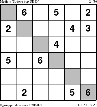 The grouppuzzles.com Medium Sudoku-6up-UR-D puzzle for Saturday August 30, 2025