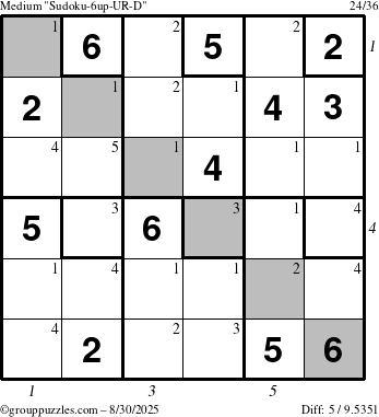 The grouppuzzles.com Medium Sudoku-6up-UR-D puzzle for Saturday August 30, 2025 with all 5 steps marked